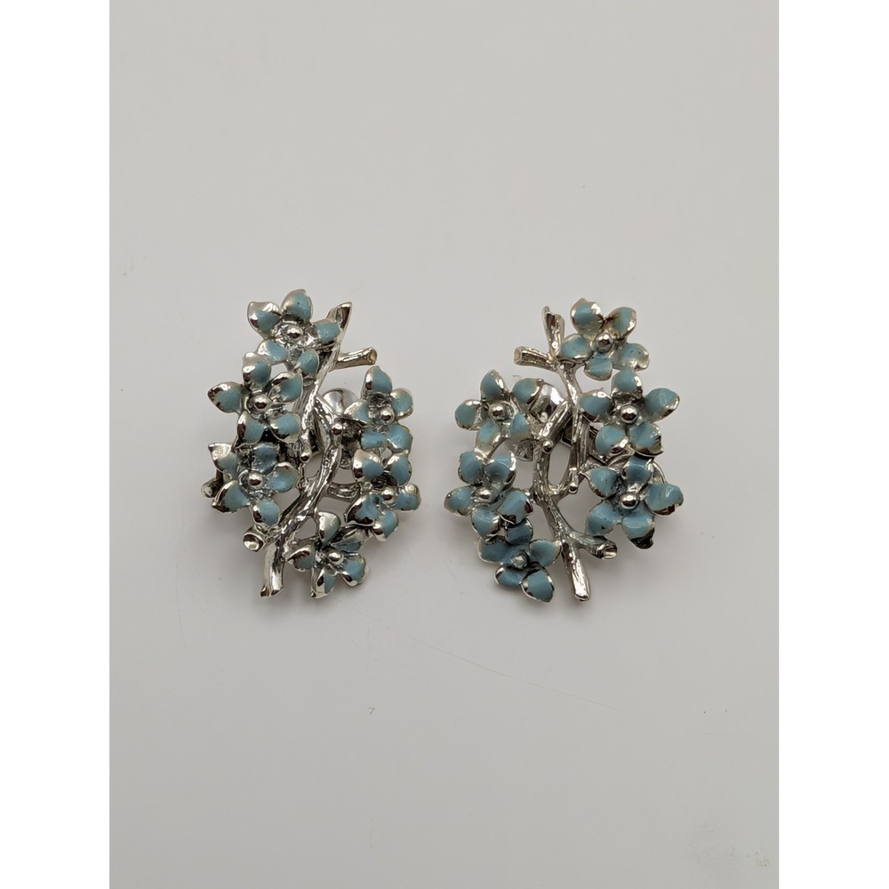 Vintage Blue Enamel Flower Cluster Clip Earrings Signed Silver Tone MCM Floral